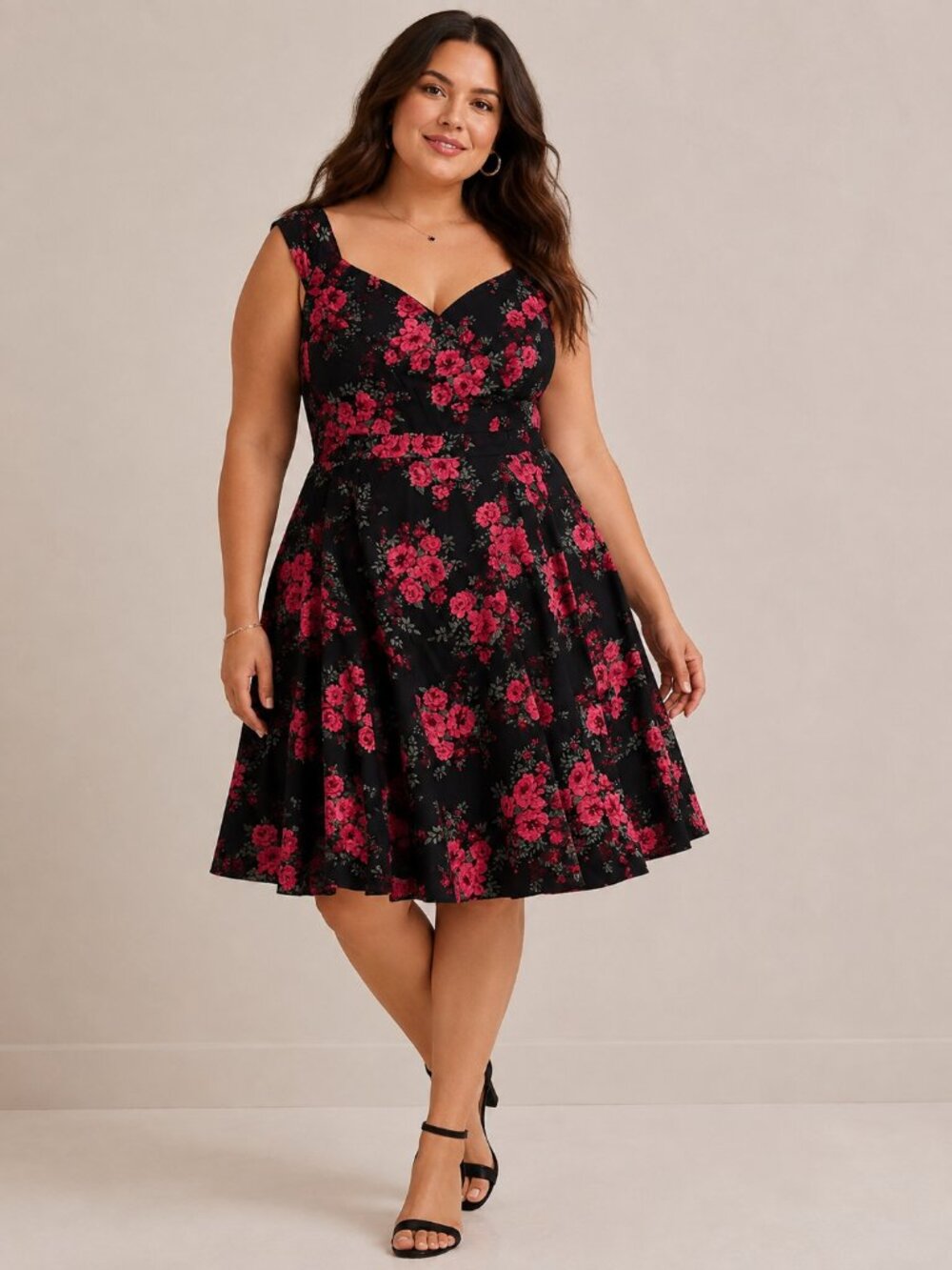 torrid Black Floral Fit-and-Flare Midi Dress with Pink Roses